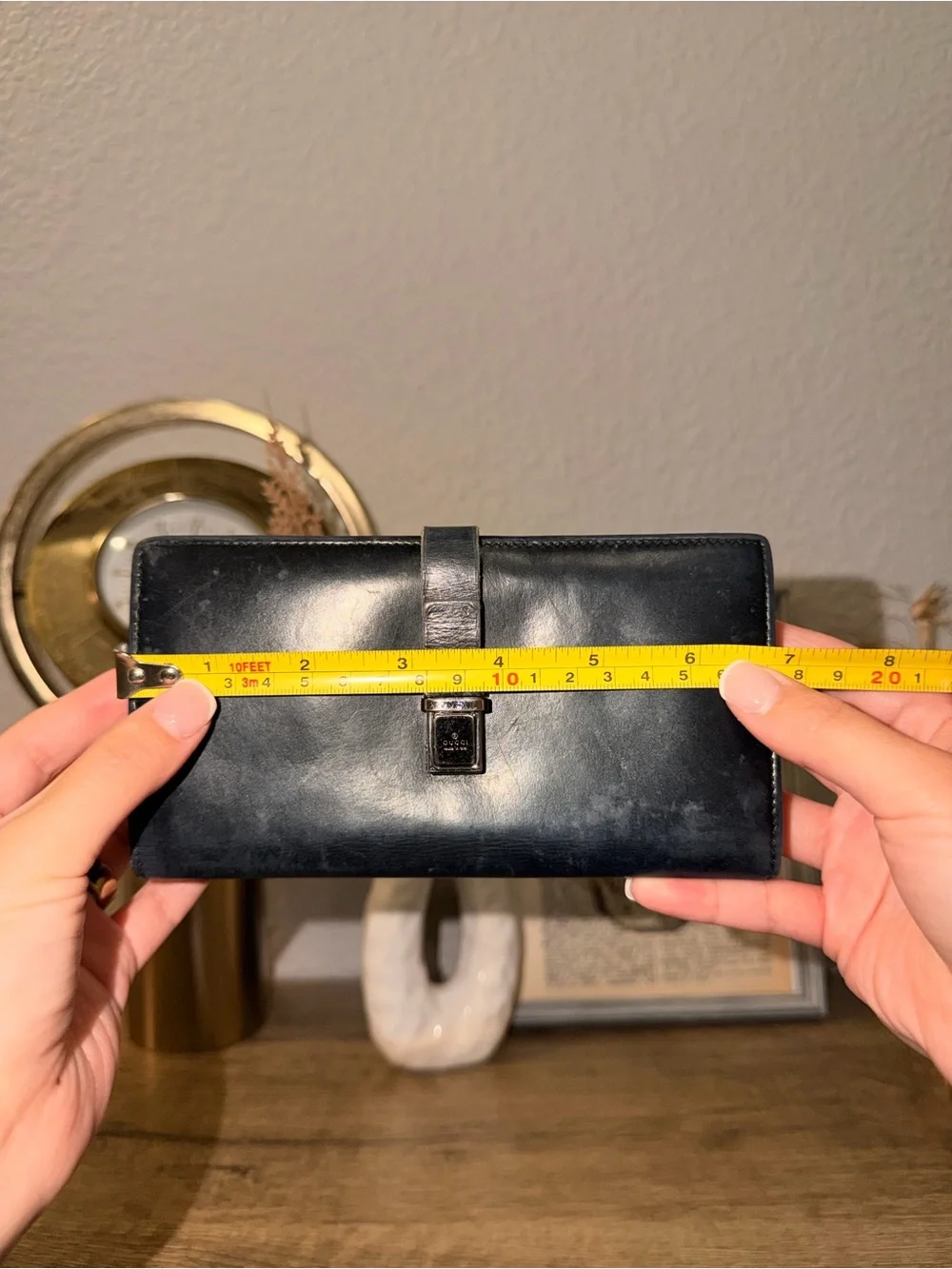 Vintage Gucci black leather wallet gunmetal silver buckle